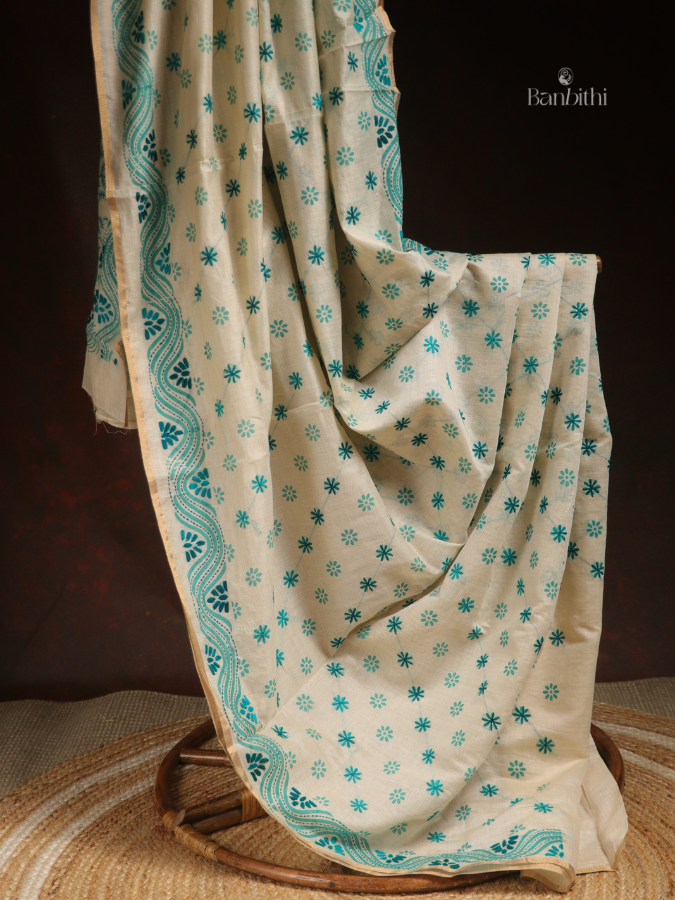 Hand Embroidered Saree – Off White with Light Green Thread