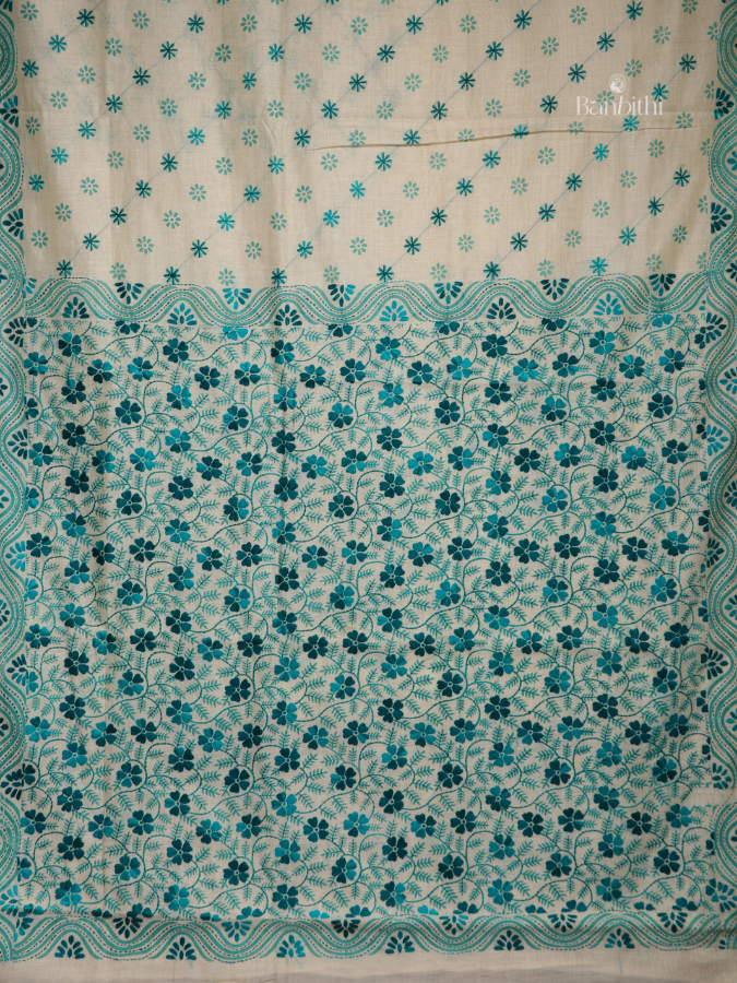 Hand Embroidered Saree – Off White with Light Green Thread
