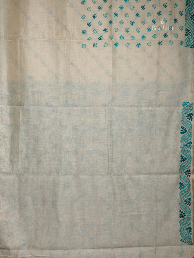 Hand Embroidered Saree – Off White with Light Green Thread