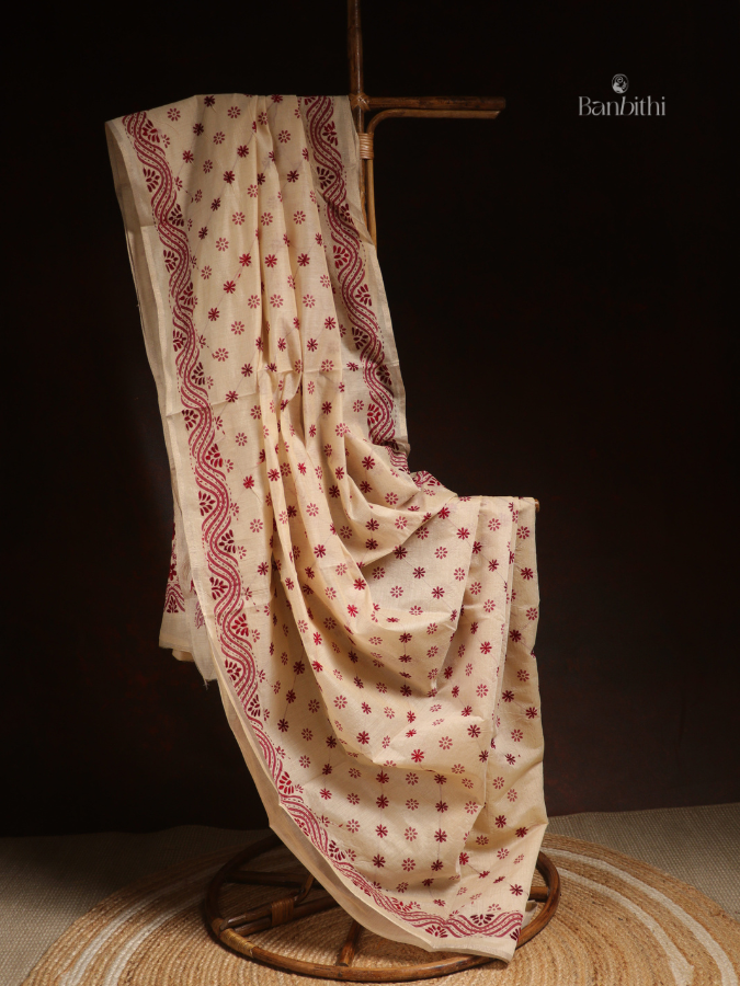 Hand Embroidered Saree – Off White with Red Thread