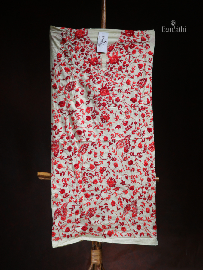 Hand Embroidered Cotton Suit Set – 3 Pcs Off White Red