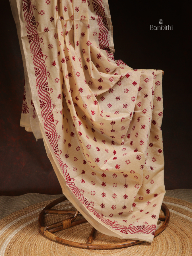 Hand Embroidered Saree – Off White with Red Thread