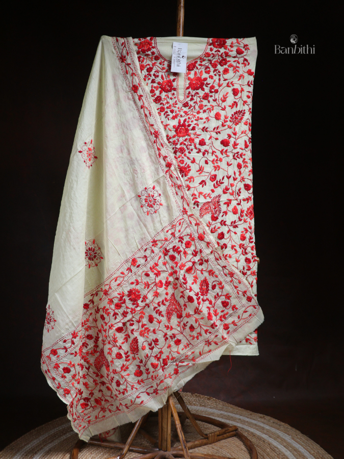 Hand Embroidered Cotton Suit Set – 3 Pcs Off White Red