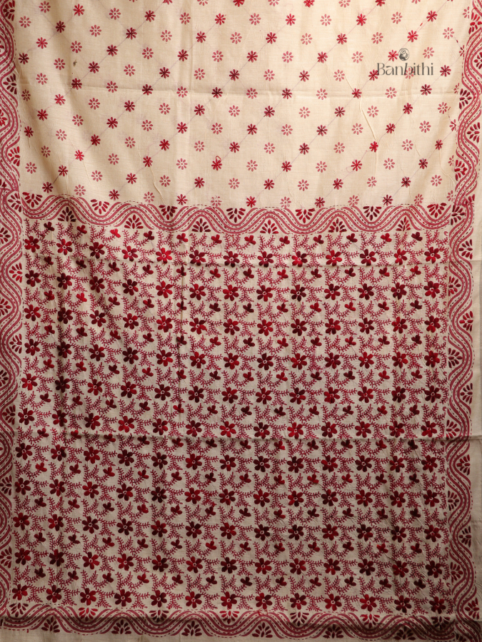 Hand Embroidered Saree – Off White with Red Thread