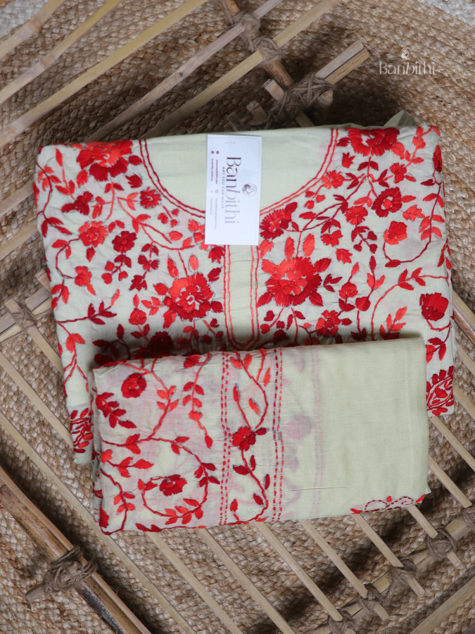 Hand Embroidered Cotton Suit Set – 3 Pcs Off White Red