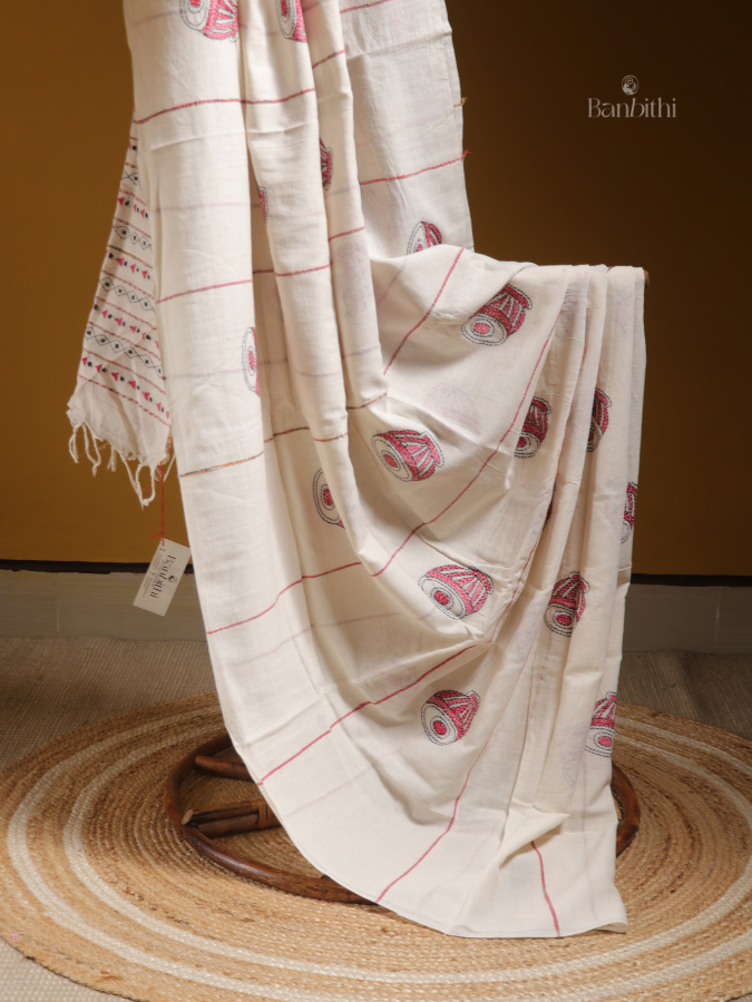 Ivory Rhythm Kantha Saree