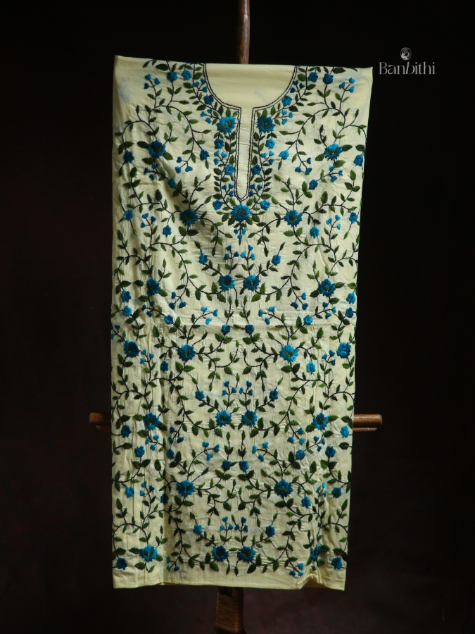 Hand Embroidered Cotton Suit Set – 3 Pcs Off White Blue