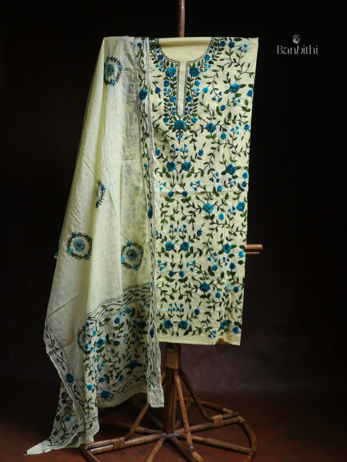 Hand Embroidered Cotton Suit Set – 3 Pcs Off White Blue
