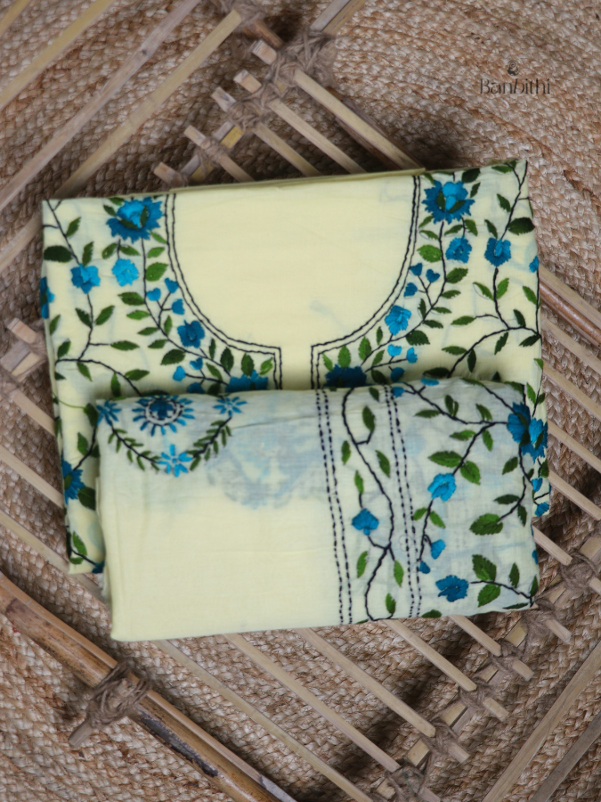 Hand Embroidered Cotton Suit Set – 3 Pcs Off White Blue