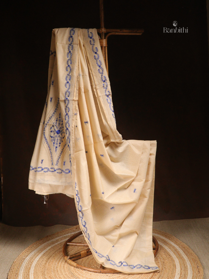 Hand Embroidered Sico Chanderi Saree – Off White with Deep Blue Thread