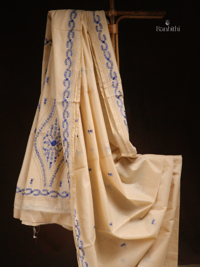 Hand Embroidered Sico Chanderi Saree – Off White with Deep Blue Thread