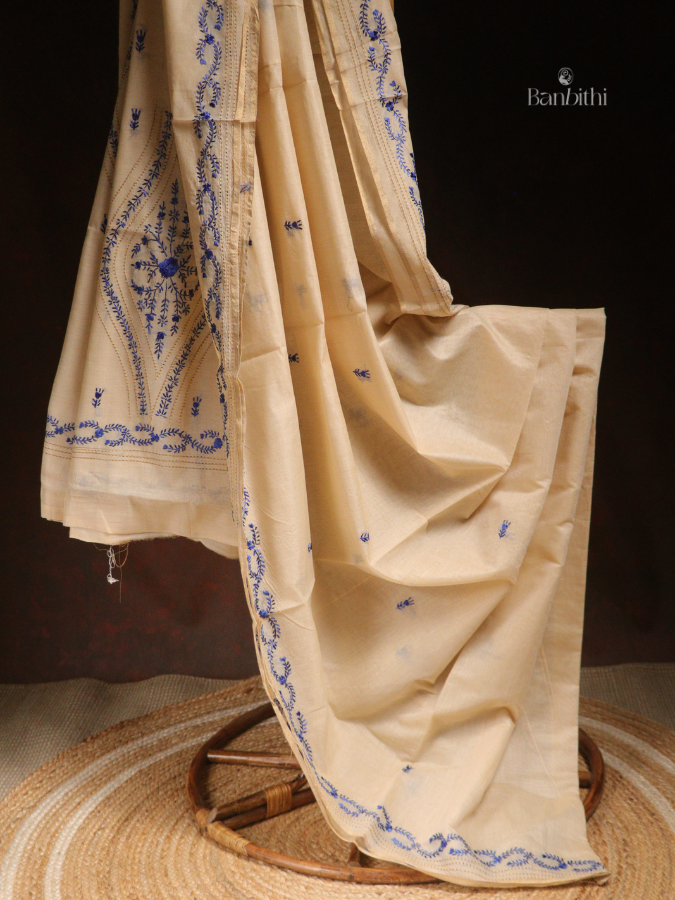 Hand Embroidered Sico Chanderi Saree – Off White with Deep Blue Thread