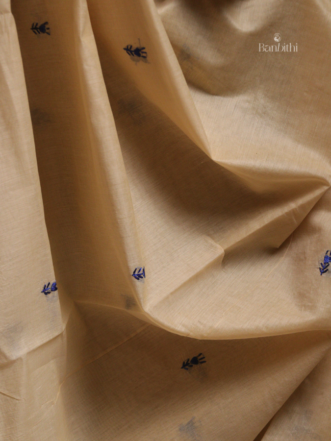 Hand Embroidered Sico Chanderi Saree – Off White with Deep Blue Thread