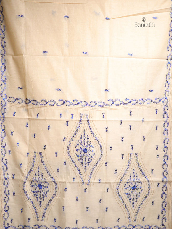 Hand Embroidered Sico Chanderi Saree – Off White with Deep Blue Thread