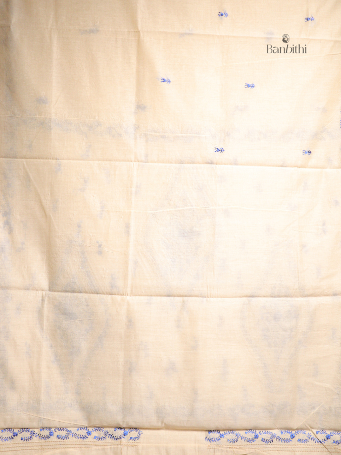 Hand Embroidered Sico Chanderi Saree – Off White with Deep Blue Thread