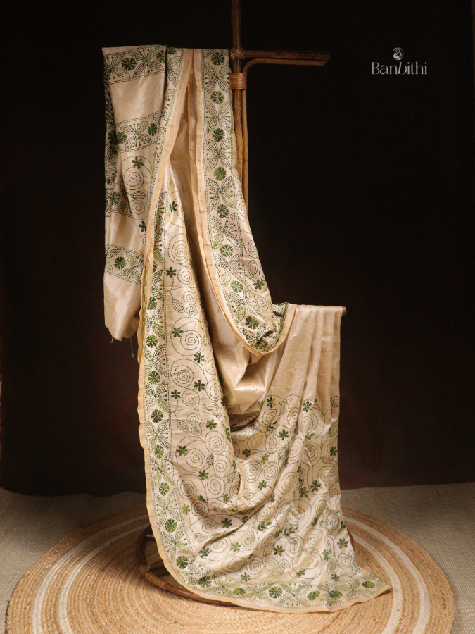 Hand Embroidered Sico Chanderi Saree – Off White with Green Thread
