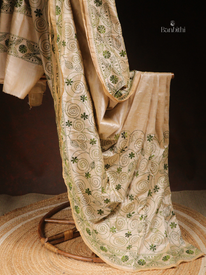 Hand Embroidered Sico Chanderi Saree – Off White with Green Thread