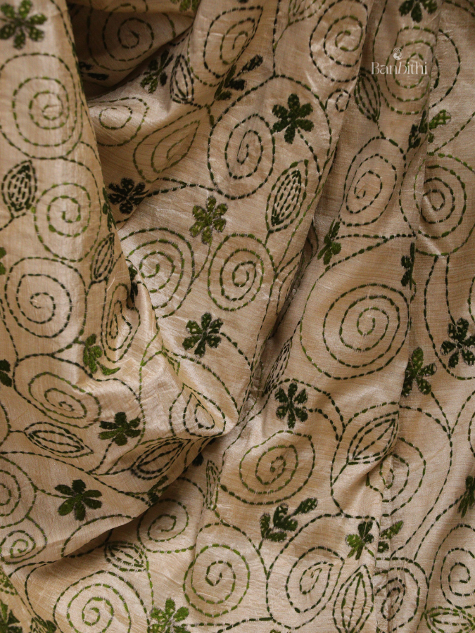 Hand Embroidered Sico Chanderi Saree – Off White with Green Thread