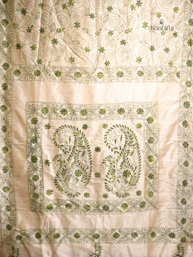 Hand Embroidered Sico Chanderi Saree – Off White with Green Thread