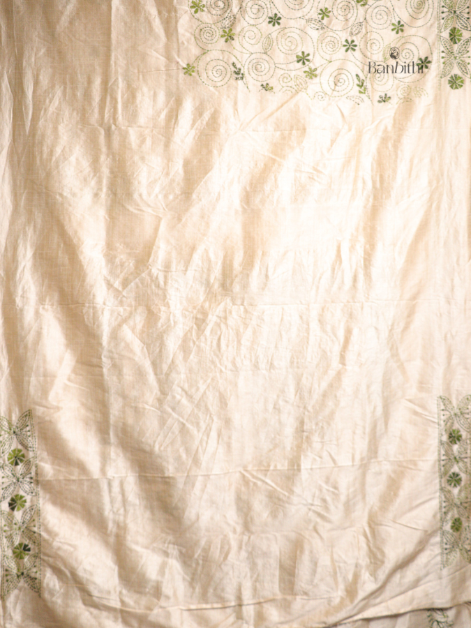 Hand Embroidered Sico Chanderi Saree – Off White with Green Thread