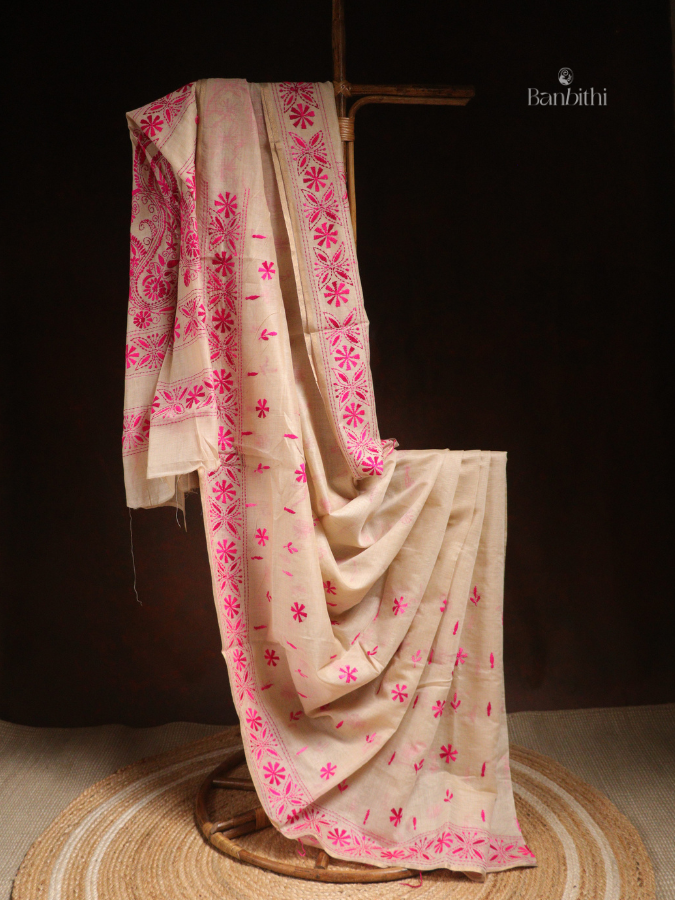 Hand Embroidered Sico Chanderi Saree – Off White with Pink Thread