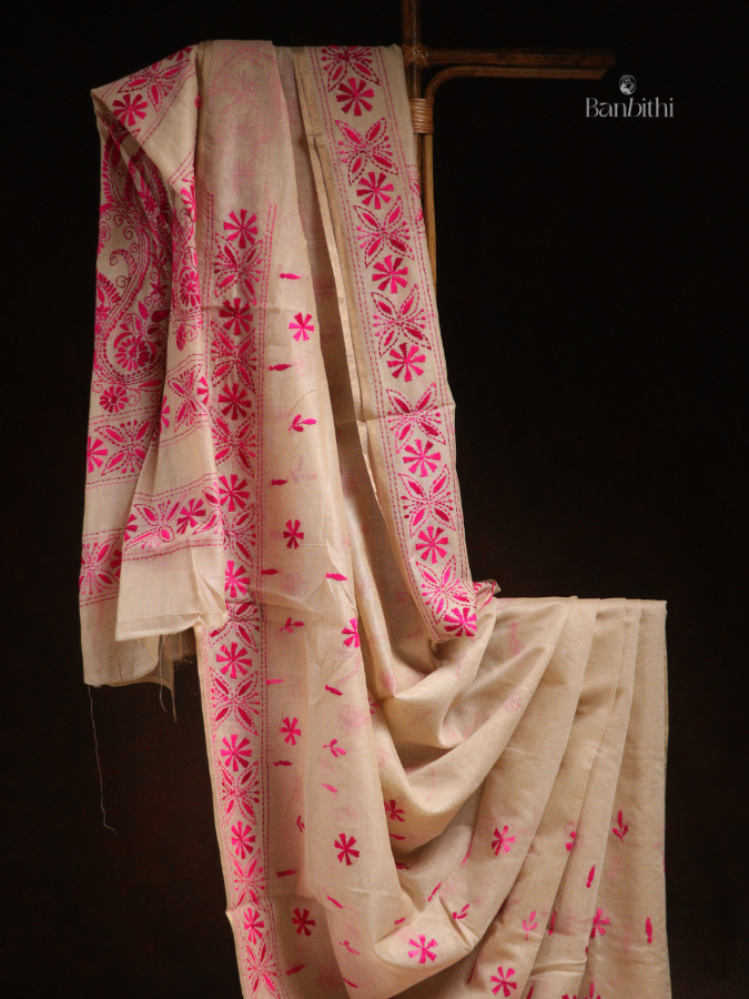 Hand Embroidered Sico Chanderi Saree – Off White with Pink Thread