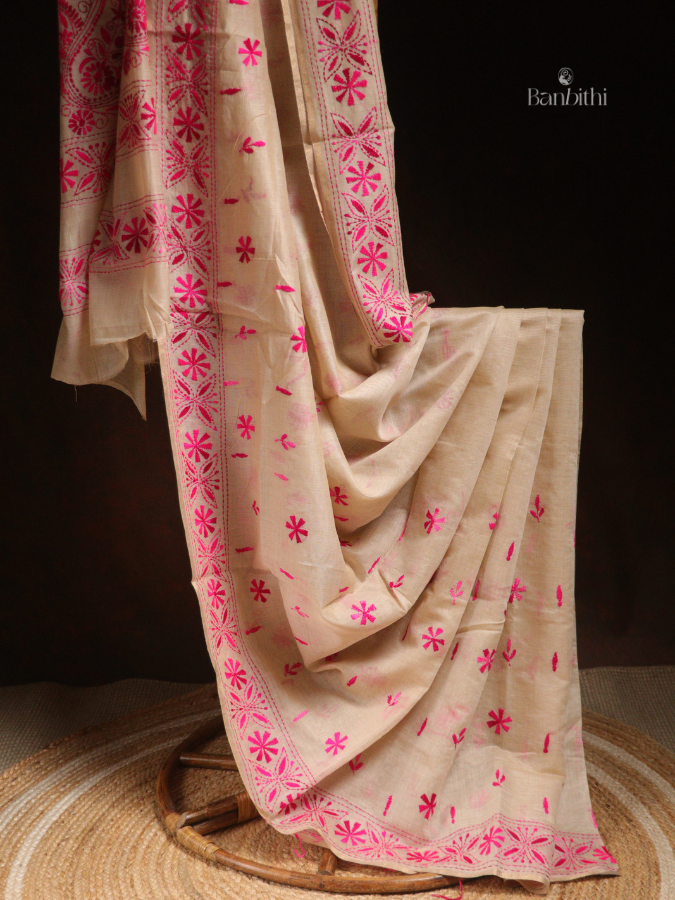 Hand Embroidered Sico Chanderi Saree – Off White with Pink Thread
