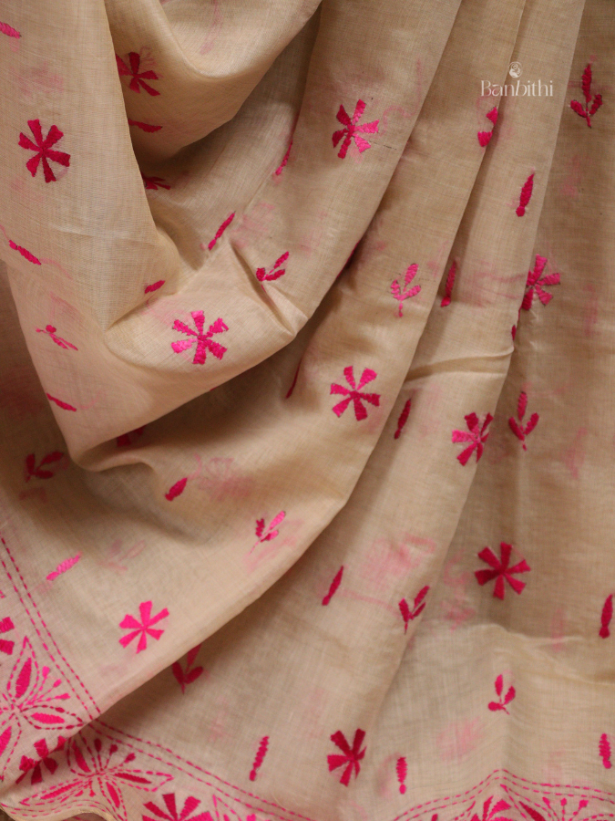 Hand Embroidered Sico Chanderi Saree – Off White with Pink Thread