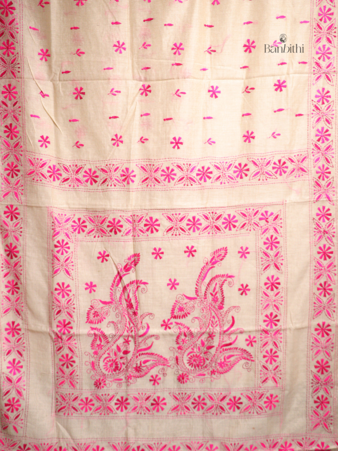 Hand Embroidered Sico Chanderi Saree – Off White with Pink Thread