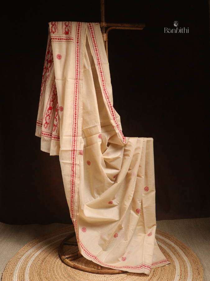 Hand Embroidered Sico Chanderi Saree – Off White with Red Thread