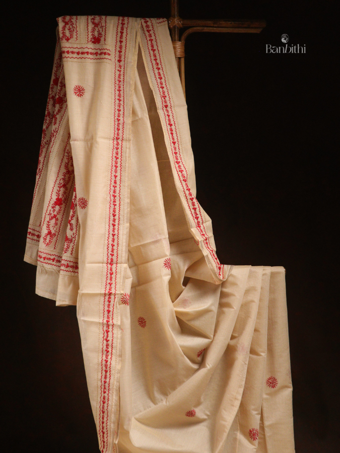 Hand Embroidered Sico Chanderi Saree – Off White with Red Thread