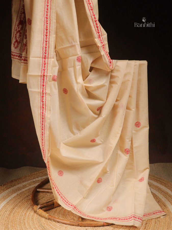 Hand Embroidered Sico Chanderi Saree – Off White with Red Thread