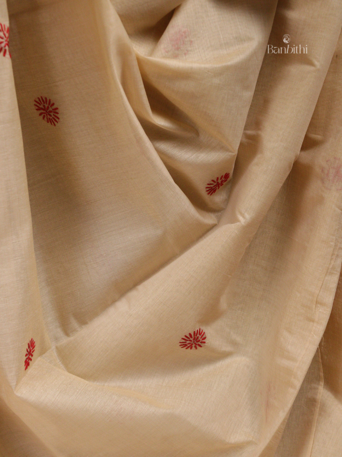 Hand Embroidered Sico Chanderi Saree – Off White with Red Thread