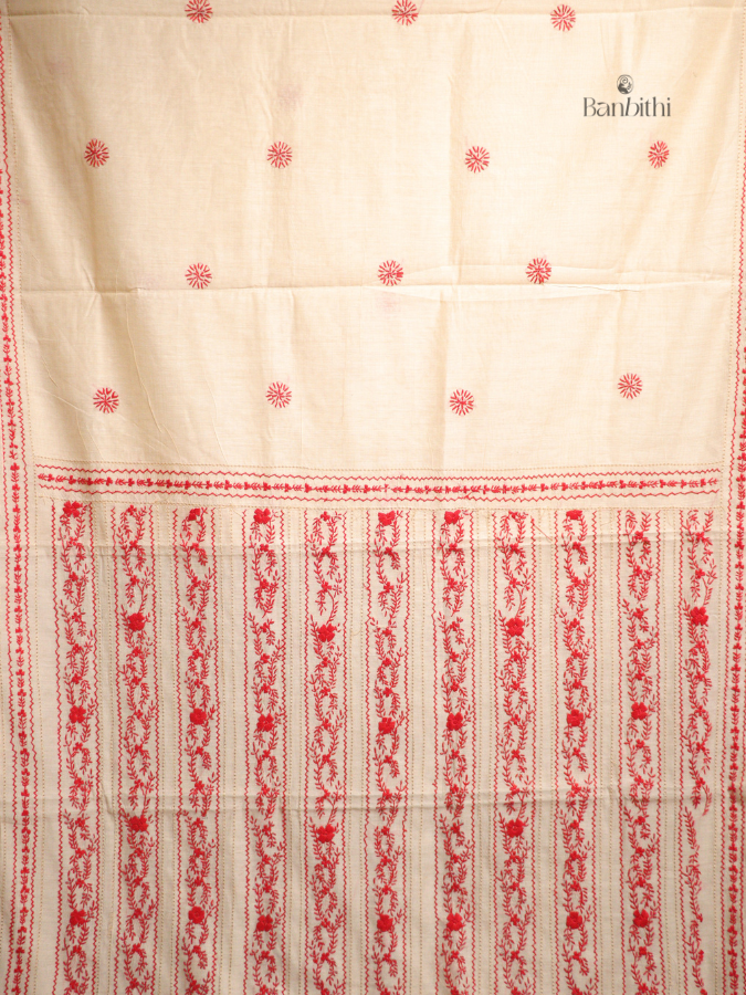 Hand Embroidered Sico Chanderi Saree – Off White with Red Thread