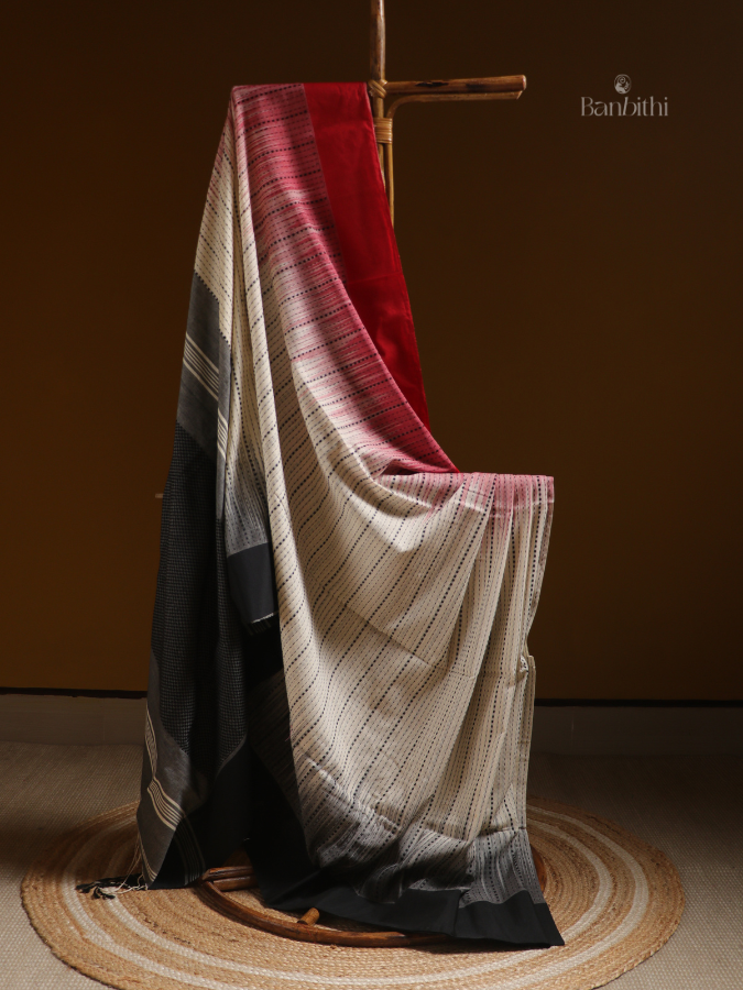 Ivory Crimson Kantha Heritage Saree