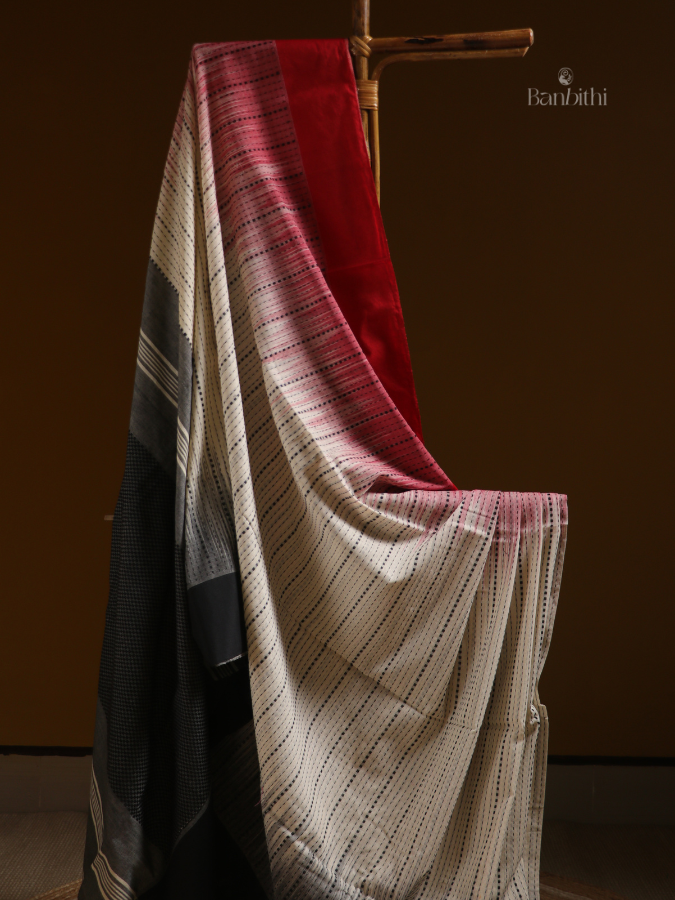 Ivory Crimson Kantha Heritage Saree