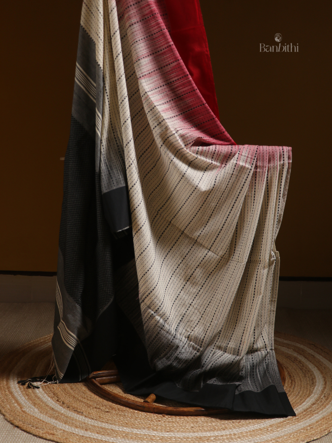 Ivory Crimson Kantha Heritage Saree