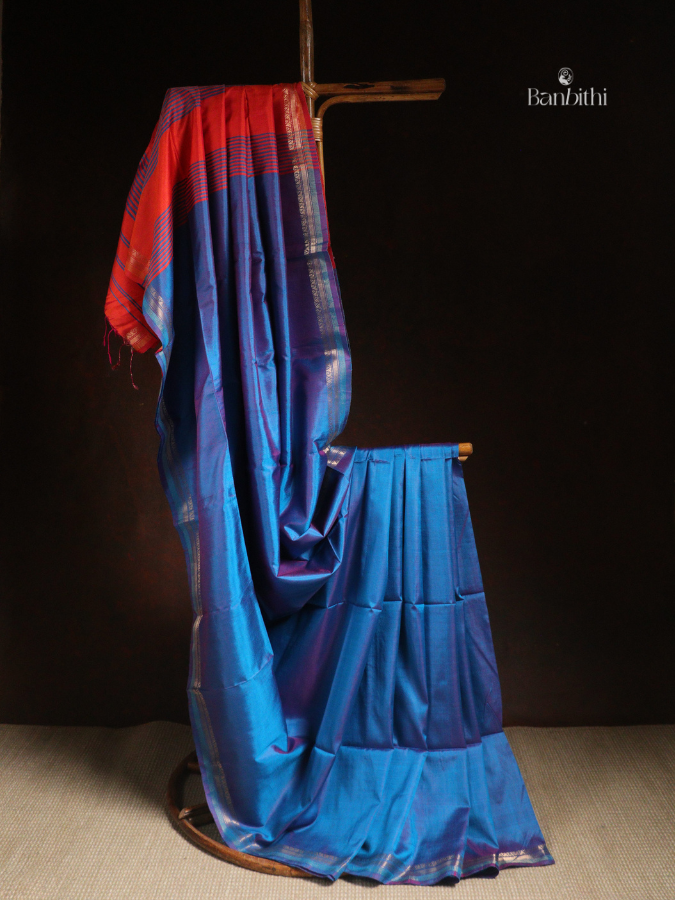 Bishnupur Mulberry Silk Saree - Orange Blue