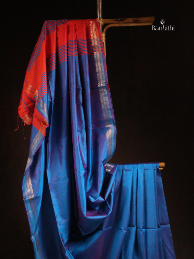 Bishnupur Mulberry Silk Saree - Orange Blue