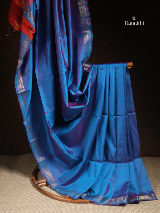 Bishnupur Mulberry Silk Saree - Orange Blue