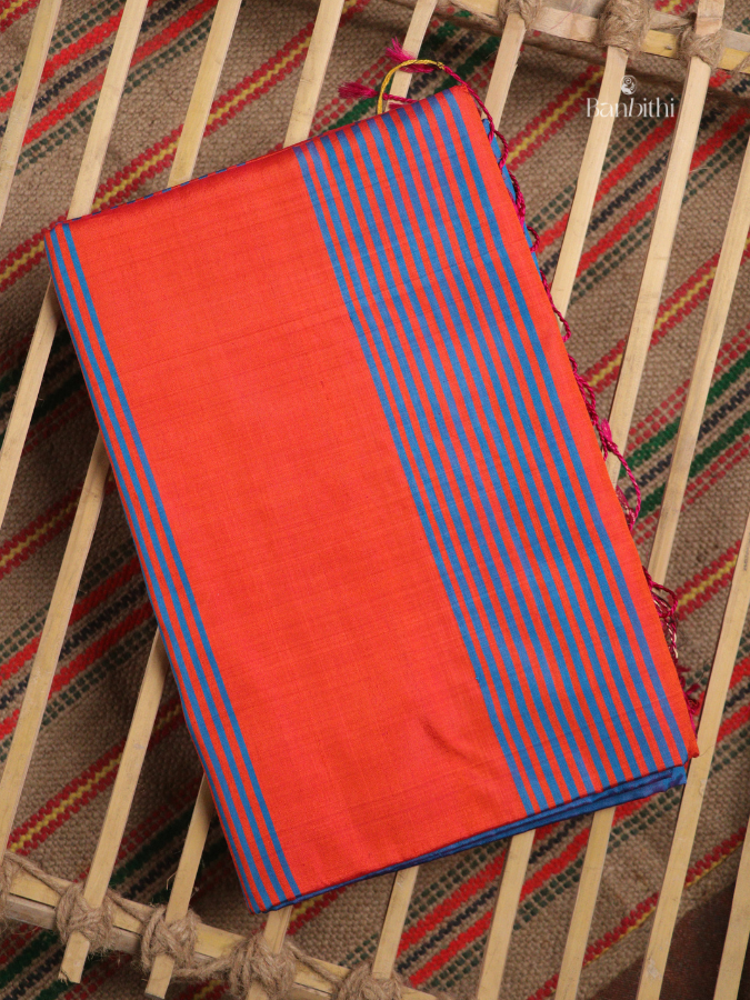 Bishnupur Mulberry Silk Saree - Orange Blue