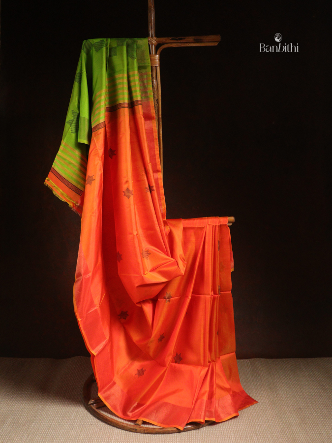 Bishnupur Mulberry Silk Saree – Orange with Leaf Green