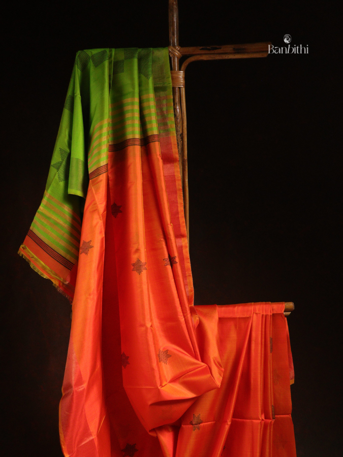 Bishnupur Mulberry Silk Saree – Orange with Leaf Green