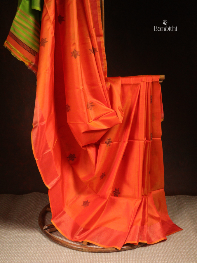 Bishnupur Mulberry Silk Saree – Orange with Leaf Green
