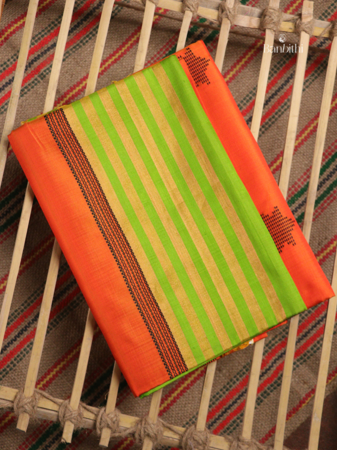 Bishnupur Mulberry Silk Saree – Orange with Leaf Green