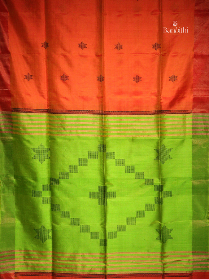 Bishnupur Mulberry Silk Saree – Orange with Leaf Green