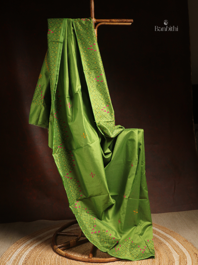 Hand Embroidered Saree – Light Green with Pink & Yellow Thread