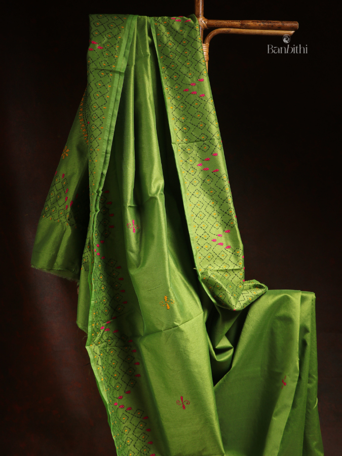 Hand Embroidered Saree – Light Green with Pink & Yellow Thread