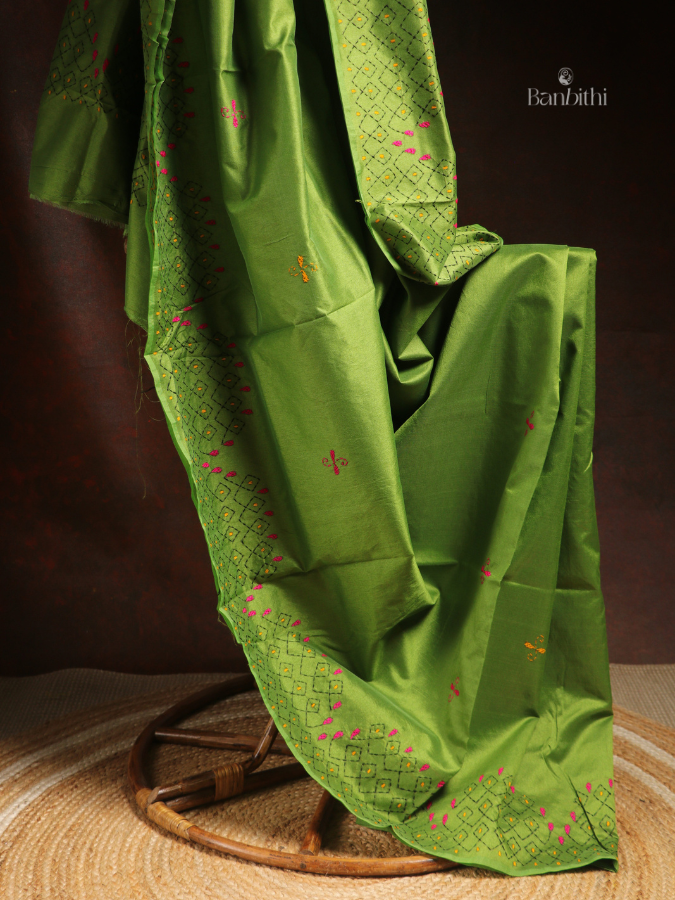 Hand Embroidered Saree – Light Green with Pink & Yellow Thread