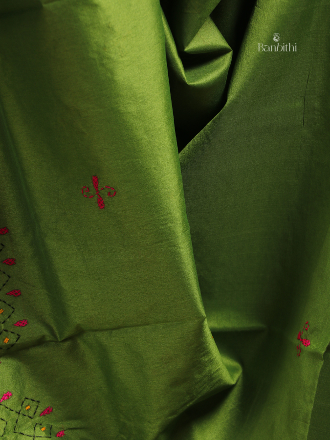 Hand Embroidered Saree – Light Green with Pink & Yellow Thread